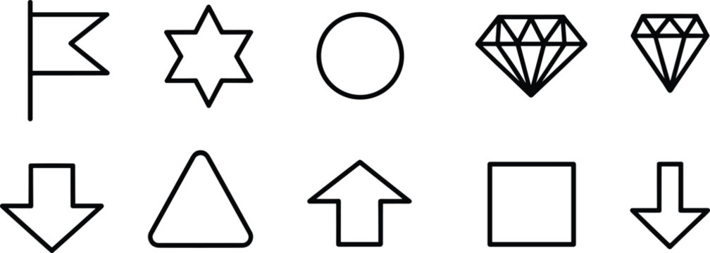Minimal outline geometric shapes and navigation icons set including arrows flag star circle diamond square vector symbols collection for design