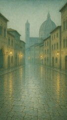Naklejka premium Misty street with historic architecture.