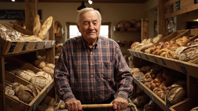 Happy Elderly Man Shopping for Fresh Bread in a Local Bakery.