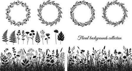 Large collection of black floral silhouettes featuring wildflower wreaths, botanical elements, fern leaves, and meadow grass borders on white background for nature design. © LITON WORLD