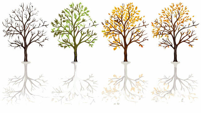 Four trees illustrating the changing seasons with visible root systems