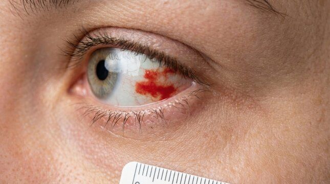 Subconjunctival hemorrhage in human eye with ruler