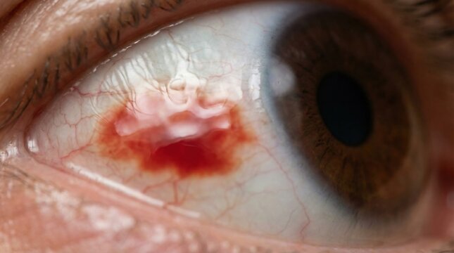 Subconjunctival hemorrhage in human eye close up