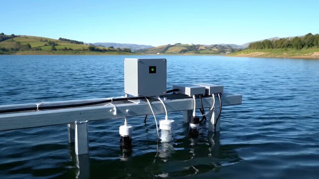 Automated Water Monitoring Station Reflecting on Lake Water Surface with Forest Hills Background