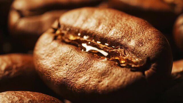Extremely detailed macro close up of a single freshly roasted aromatic brown coffee bean revealing rich texture
