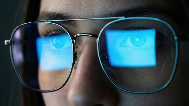 Woman with blue computer screen reflection in glasses