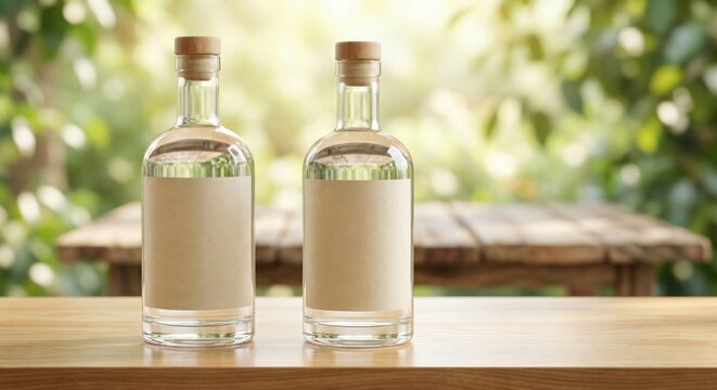 Two glass bottles with blank labels on wooden table