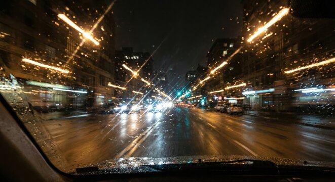 Rainy city night drive with astigmatism vision effect