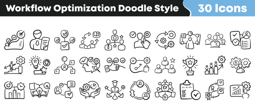 Thirty workflow optimization doodle style icons representing business processes teamwork improvement and successful task completion
