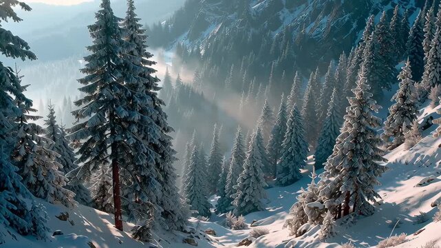 Serene snow-covered forest in a mountainous setting, featuring towering pine trees and soft sunlight filtering through the mist. a picturesque winter wonderland ideal for holiday-themed designs and se