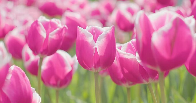 Pink Tulips Blooming in Garden on Sunny Spring Day, Soft Natural Light, Floral Background