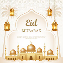 Elegant Golden Eid Mubarak Islamic Greeting Background with Mosque and Lanterns
