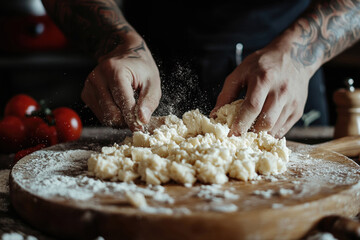Fototapeta premium Hands kneading dough on a wooden board in a rustic kitchen setti