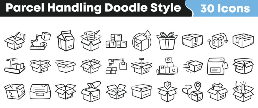 Thirty hand drawn doodle style icons illustrating various aspects of parcel handling shipping receiving and packaging logistics processes