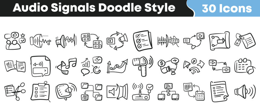 Thirty hand drawn audio signals icons depicting various communication data flow and sound wave concepts in a doodle style