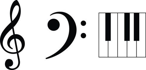 Music symbols illustration, treble clef bass clef and piano keyboard icons, simple black musical notation elements, educational vector graphic isolated on white background © LITON WORLD