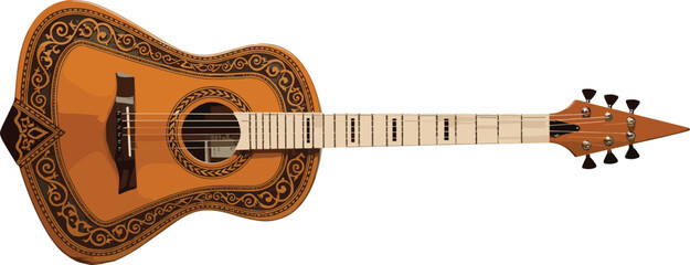 Ornate acoustic guitar illustration with decorative traditional patterns, detailed wooden string instrument design, classical music concept, isolated vector artwork on white background
