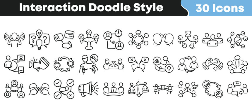 Thirty black and white hand drawn doodle style icons representing various concepts of human interaction communication and teamwork activities