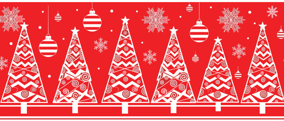 Red Christmas background with white decorative pine trees snowflakes and hanging ornaments for winter holiday season greeting card and festive celebration banner design © LITON WORLD