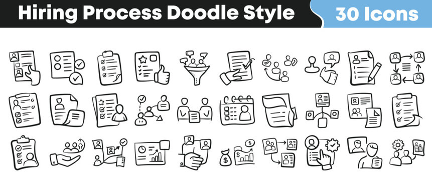 A collection of thirty unique hand drawn doodle style icons representing various stages and elements within a complete hiring and recruitment process workflow.