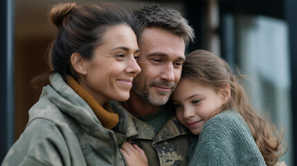 Male veteran American soldier in military uniform hugging wife and little daughter, standing in front of house, emotional military happy homecoming concept, defocused background, with copy space