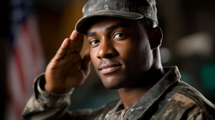 Fototapeta premium African American Army soldier making salute gesture before American flag, military tribute display, patriotic honor gesture, armed forces dedication, defocused flag background, with copy space