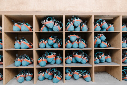 Climbing shoes in shelf