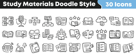 Collection of thirty unique study materials doodle style icons representing various educational concepts and learning activities © Vectoravec