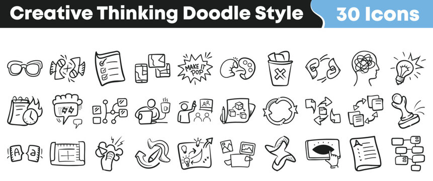 A collection of thirty unique hand drawn doodle style icons representing various concepts related to creative thinking and idea generation processes