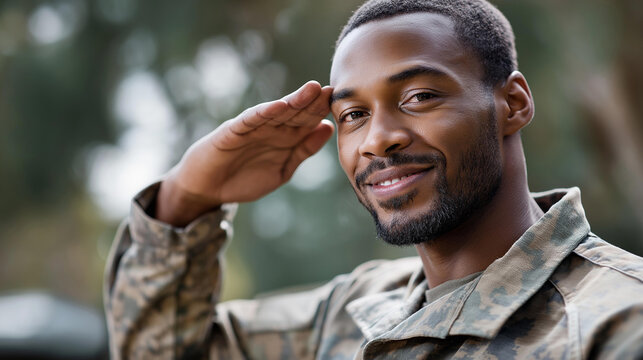 African American Army soldier saluting military tribute, armed forces honor gesture, patriotic service display, veteran dedication representation, defocused background, with copy space