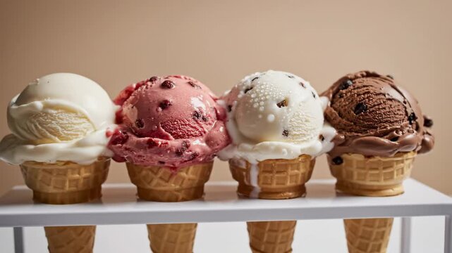Four delicious melting ice cream cones with assorted vanilla, strawberry, and chocolate flavors on a stand
