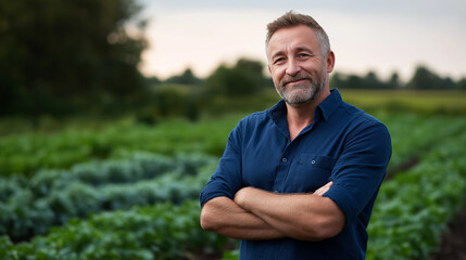 Portrait of happy middle-aged male farmer standing in vegetable farm