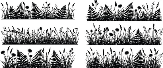 Set of black meadow grass and fern silhouettes, decorative wild field plant borders, floral landscape elements isolated on white background, vector. © LITON WORLD