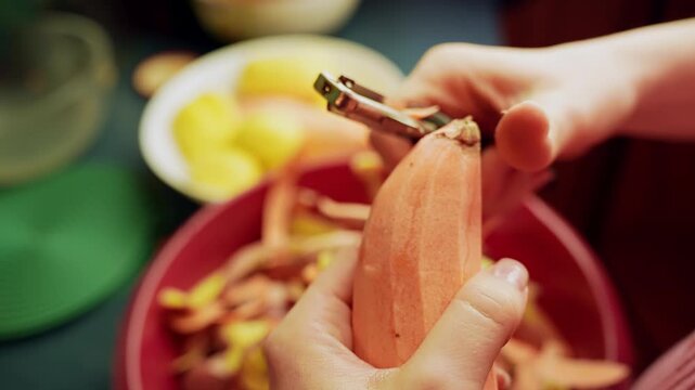Close-up of hands using a vegetable peeler to peel a sweet potato over a bowl on a kitchen countertop, warm home food preparation scene.