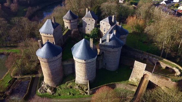 Lassay-les-Ch&acirc;teaux medieval castle, showing the courtyard and towers in France. High angle aerial drone view