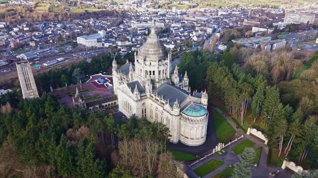 Basilica of Saint Th&eacute;r&egrave;se of Lisieux, France. Aerial drone orbiting