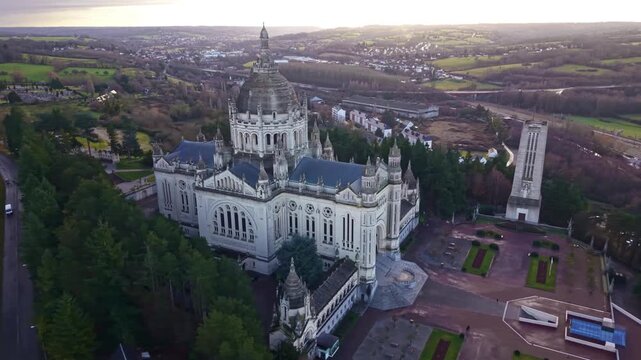 Basilica of Saint Th&eacute;r&egrave;se, major catholic pilgrimage site and landmark in Lisieux, Normandy, France. Aerial drone orbiting