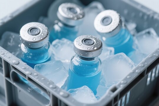 Cold storage with frozen blue liquid vials in ice cubes shows smart temperature control for cold chain logistics in warehouse settings