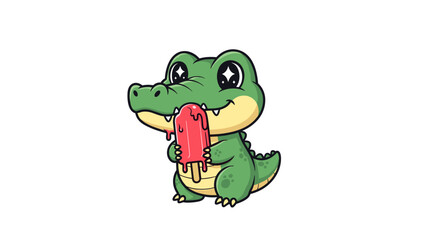 Fototapeta premium Cartoon Crocodile Eating Red Ice Cream.