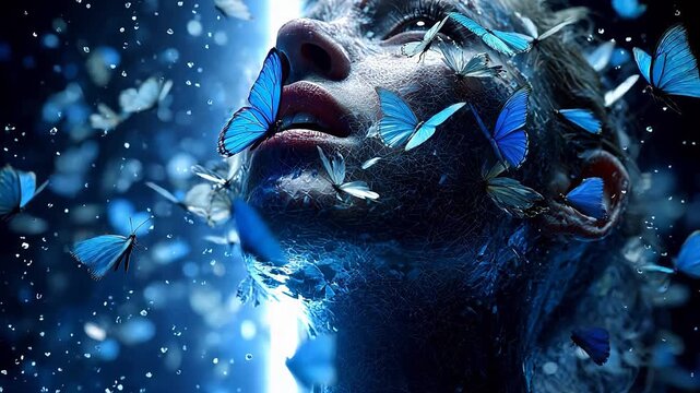 face with blue butterflies