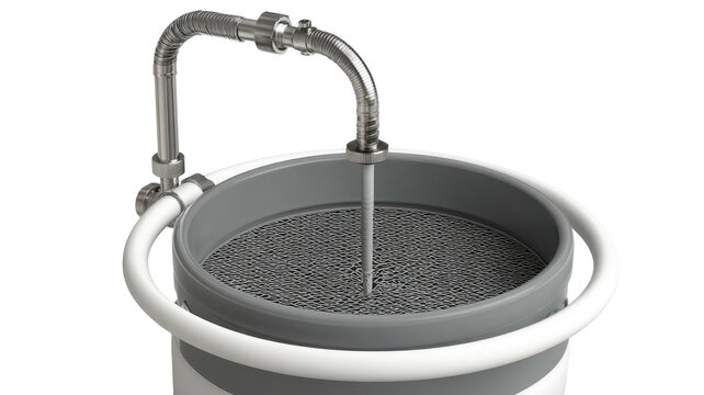 Industrial system metal spout pours liquid into gray bucket with mesh bottom