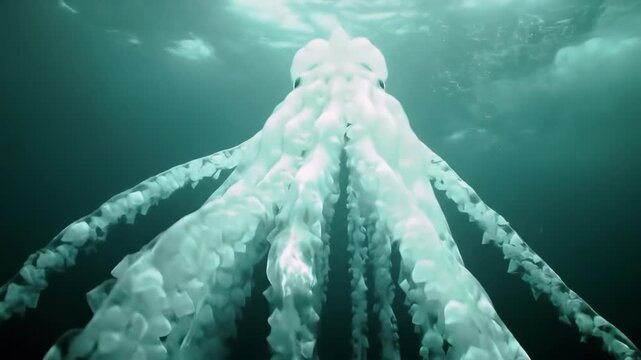 Giant cephalopod creature ascending through deep oceanic water