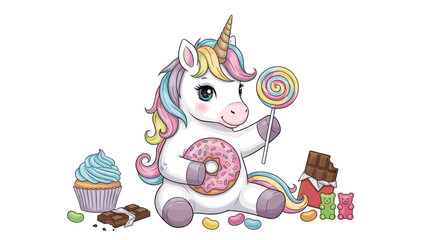 Naklejka premium Colorful Cartoon Unicorn with Sweets.
