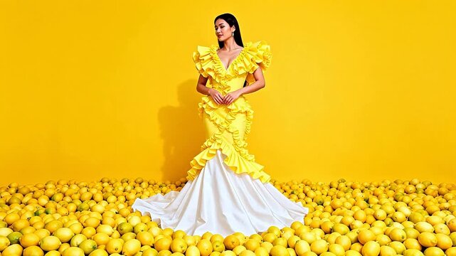 Woman in yellow dress surrounded by lemons