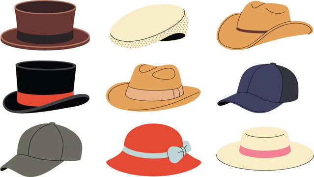 Collection of classic hat vector illustrations featuring top hat cowboy hat baseball cap fedora and sun hat isolated on white background for fashion and apparel design icons.