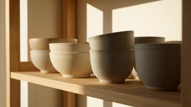 Arrangement of neutral toned handcrafted ceramic bowls on a clean wooden shelf with sunlight