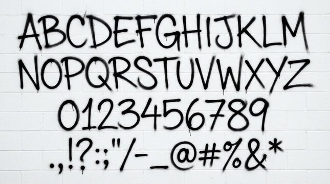 cool font alphabet in sleek graffiti vibe from a to z digits symbols on white backdrop