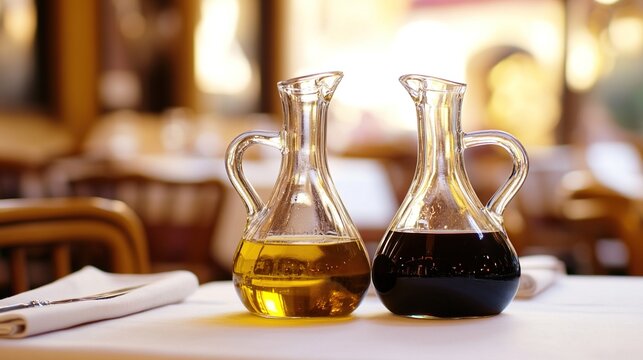 cruets. Glass cruets with olive oil and balsamic vinegar on a linen table. menu design, packaging mockups, designed for culinary blogs and recipe cards for restaurants.