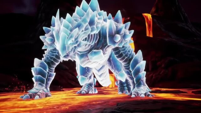 Hulking elemental creature composed of jagged blue ice standing over glowing molten rock