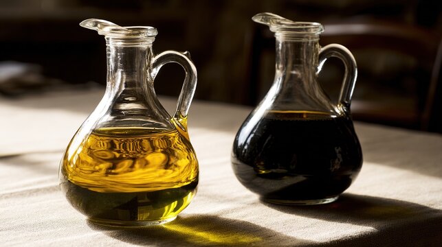 cruets. Glass cruets with olive oil and balsamic vinegar on a linen table. menu design, packaging mockups, designed for culinary blogs and recipe cards for restaurants.